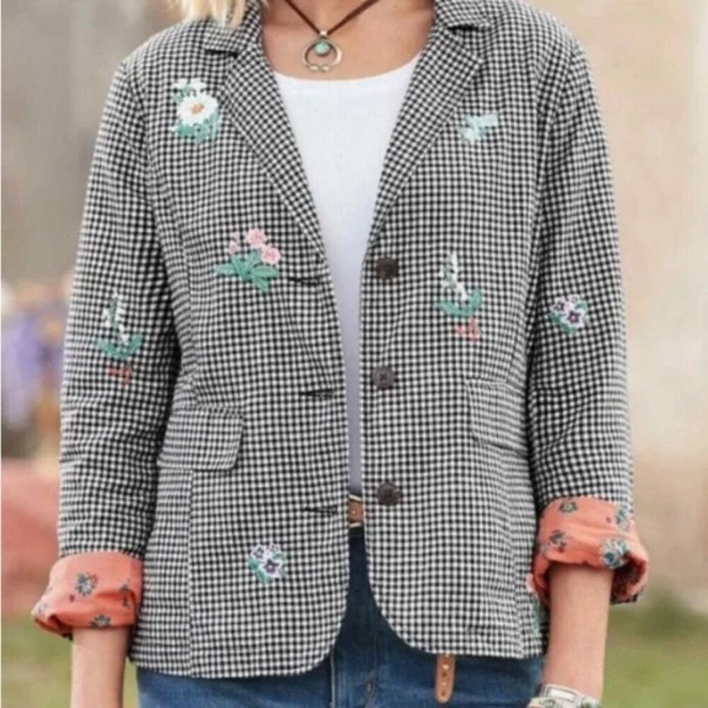 Sundance Tansy Gingham Floral Blazer Jacket Size Small Blue Linen Embroidery
